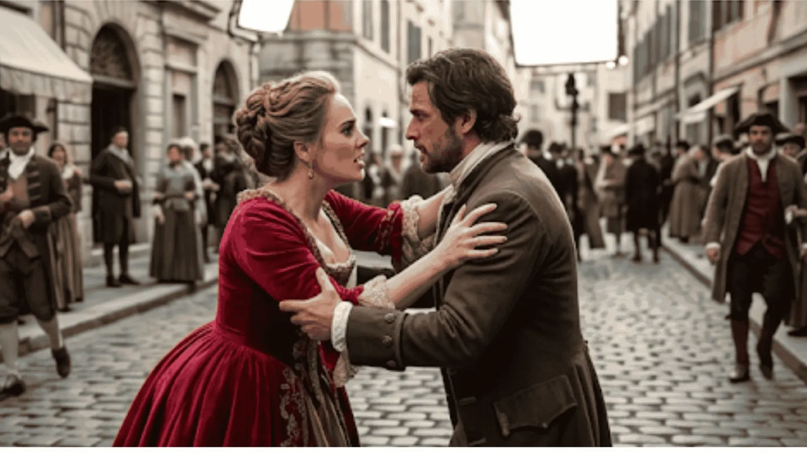 Adele filming a dramatic outdoor scene in a historical velvet cloak surrounded by professional movie cameras and lighting.