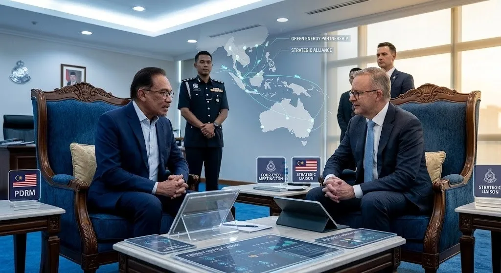 A photorealistic news-style photograph capturing PM Anwar and PM Albanese seated in ornate high-backed chairs during their four-eyed meeting within the Perdana Putra complex. The Malaysian and Australian flags stand prominently in the background.