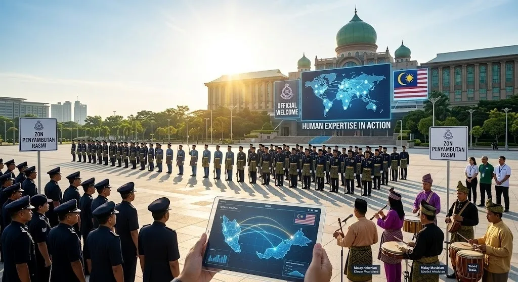 A photorealistic, wide-angle news photograph illustrating the official welcoming ceremony. Under the bright morning sun at Perdana Putra