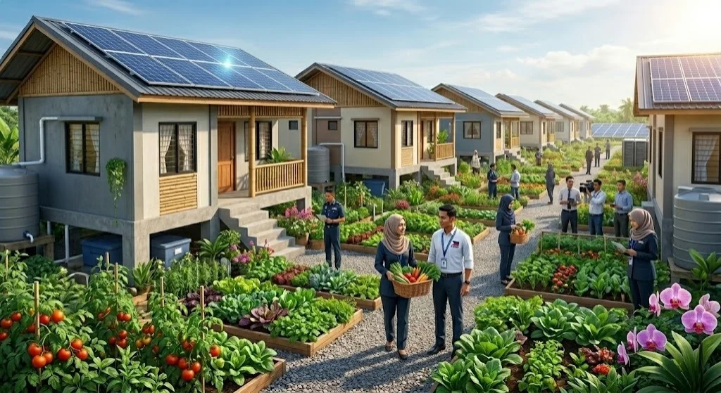 this photorealistic news photo captures the result of "implementation" on the ground. It features a newly constructed climate-resilient housing community in Iloilo, Philippines.