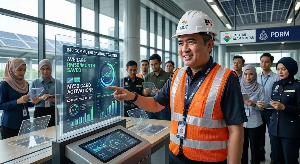 A photorealistic news photograph shows Transport Minister Anthony Loke, a man in his late 50s with a genuine, warm smile, standing inside the newly completed Kajang MRT station.