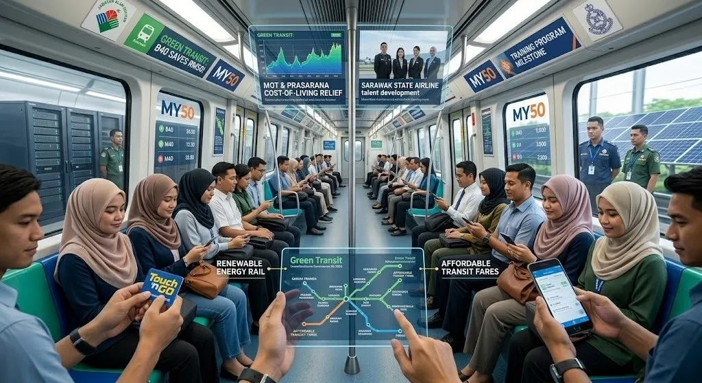 This editorial news cover captures a dynamic scene: a sleek Malaysian MRT train speeds past the modern Kuala Lumpur skyline under a clear morning sky.