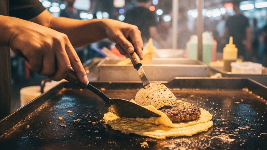 malaysian-street-food-vendor-wrapping-burger-patty-in-egg-omelette