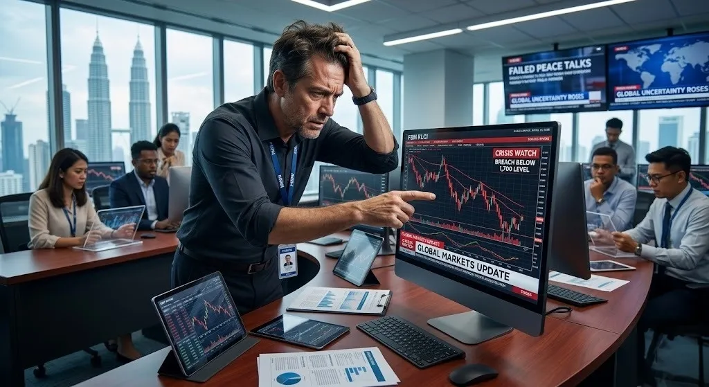 A photorealistic news-style image of a professional stock trader in a modern Kuala Lumpur office, looking stressed while pointing at a computer screen filled with downward-trending red stock charts.