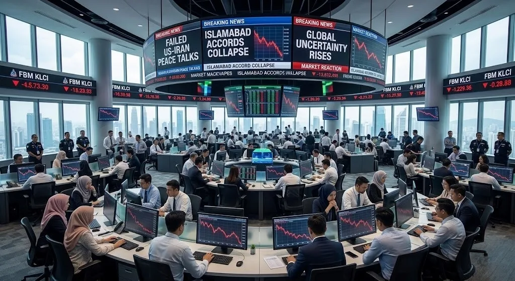 A photorealistic, wide-angle news photograph of the busy trading floor at a major Malaysian investment bank, with large screens displaying breaking news headlines about the failed US-Iran peace talks.