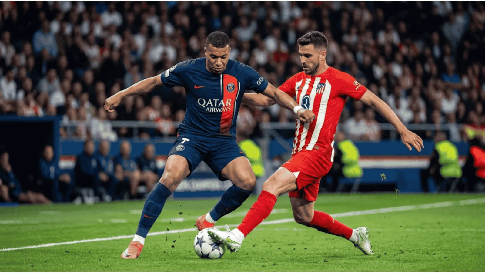 A powerful, ground-level action shot capturing a physical one-on-one duel between a PSG player in a dark blue kit and an Atletico Madrid player in a red and white striped jersey. The image is in s