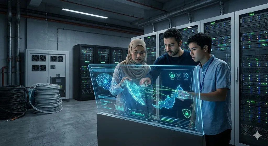A photorealistic, close-up news photo inside a high-tech lab, showing Malaysian and Turkish engineers collaborating and pointing at neural network data visualizations on a transparent OLED screen.