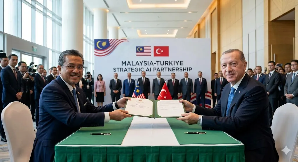 A photorealistic news photo capturing the official MoU signing ceremony between Malaysian and Turkish officials in a grand hall, marking the start of the strategic AI partnership.