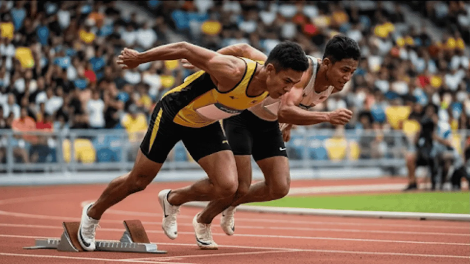 Ground-level shot of two male Malaysian sprinters exploding from starting blocks with sweat and intense expressions in sharp focus.