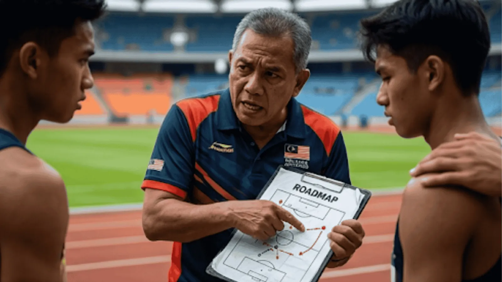 Malaysian coach pointing at a roadmap tactics board while instructing two young focused players on a sunny stadium sideline.