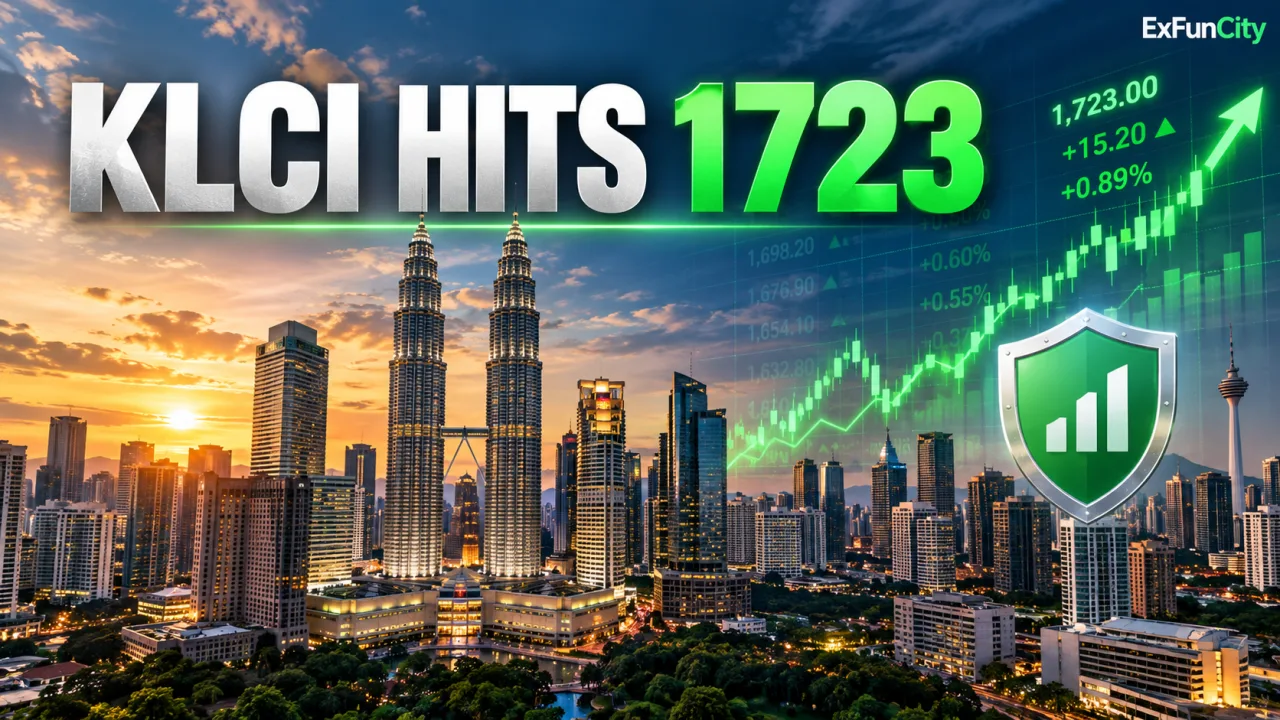 This editorial news cover captures the intersection of high-tech disaster management and market strength. A Malaysian response team in specialized orange and blue gear operates advanced drones and rescue robots against the Kuala Lumpur skyline, which features the Petronas Twin Towers. Integrated transparent digital screens display "FBM KLCI: 1,723.34" and "Global Model: Disaster Management". Large retro 3D typography at the center reads, "RESILIENT MALAYSIA 2026!".