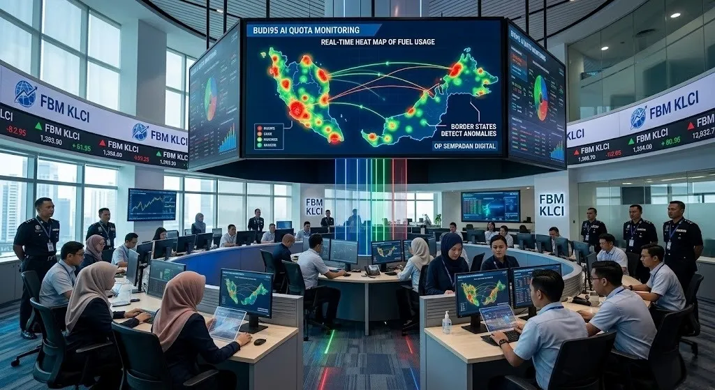 A photorealistic news-style photograph captured inside a large, high-tech command center in Kuala Lumpur.