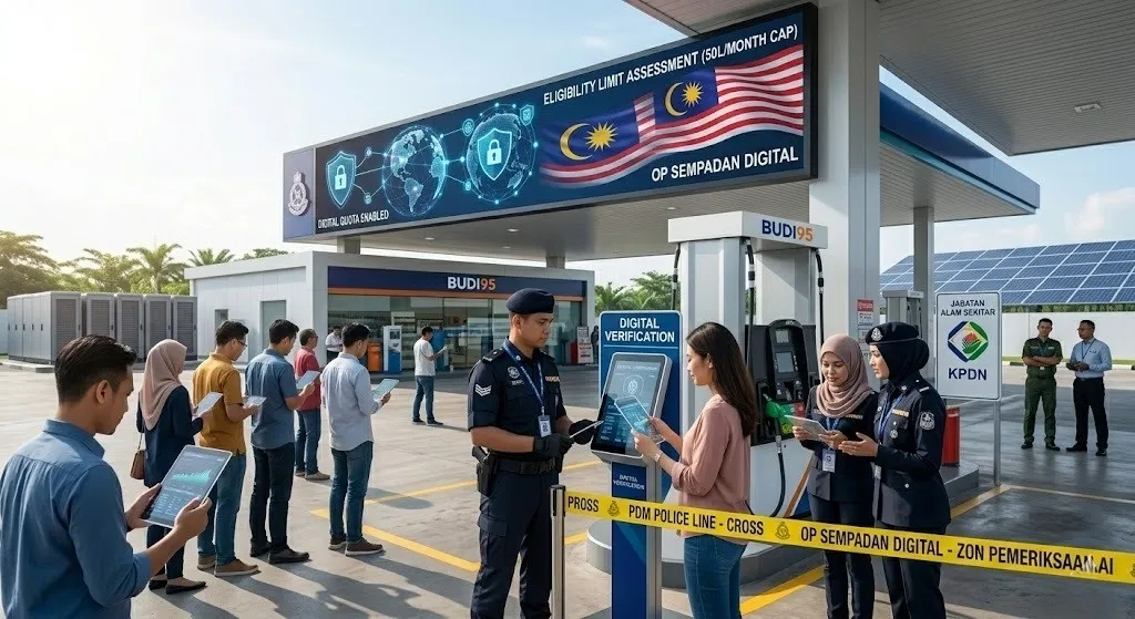 A photorealistic, wide-angle news photograph captured during daytime at a petrol station in Johor Bahru.
