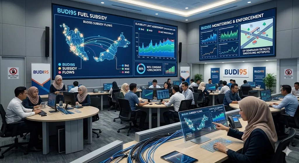 A photorealistic news-style image capturing the interior of a government command center monitoring BUDI95 subsidy data visualizations on large wall screens on April 9, 2026.