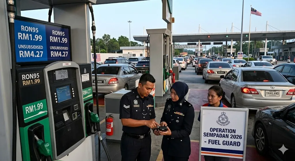 A photorealistic news-style image from a ground-up perspective showing Malaysian police and a station operator checking pumps with 'RON95 RM1.99' prices near a busy border crossing.