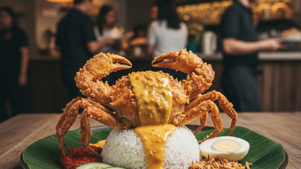nasi-lemak-with-soft-shell-crab-and-salted-egg-sauce