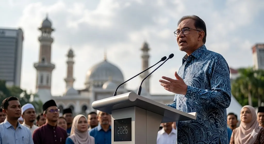 A photorealistic, medium shot of Prime Minister Anwar Ibrahim in a blue batik shirt, speaking with emotion at a modern podium, pleading for national unity.