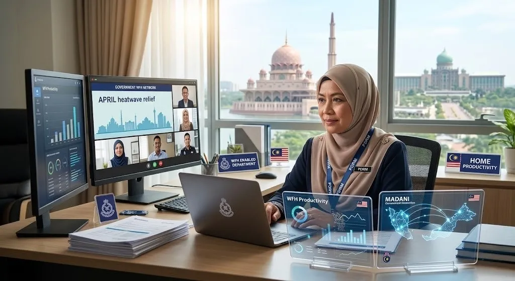 A photorealistic, news-style image of a Malaysian civil servant, wearing a PDRM lanyard, working diligently from a well-lit home office, with the Putrajaya administrative complex clearly visible in the far background.