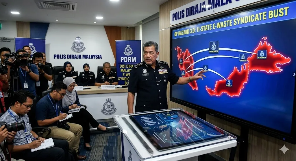 A photorealistic, editorial news photo of Inspector-General of Police Datuk Seri Mohd Khalid Ismail at a press conference at Bukit Aman, pointing to an interactive screen highlighting the 11 states affected by 'Op Hazard 3.0'.
