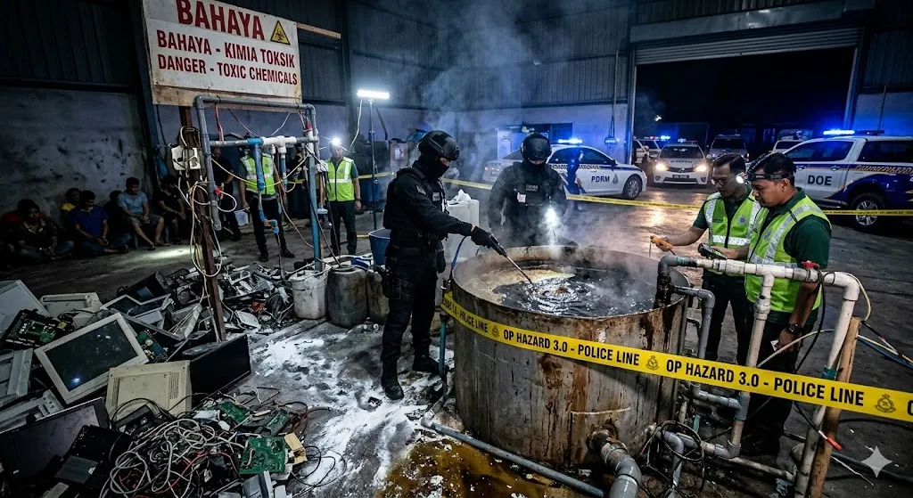 A photorealistic, editorial news-style photograph taken inside a dimly lit illegal processing warehouse, capturing a PDRM tactical officer and a DOE officer inspecting a dangerous, corroded chemical vat bubbling with toxic-looking liquid.