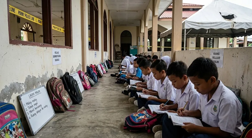 A photorealistic, editorial news-style photograph providing a ground-up perspective inside a mosque corridor in Beluran, Sabah, converted into a crowded temporary classroom, illustrating pupils seated on the concrete floor for lessons.
