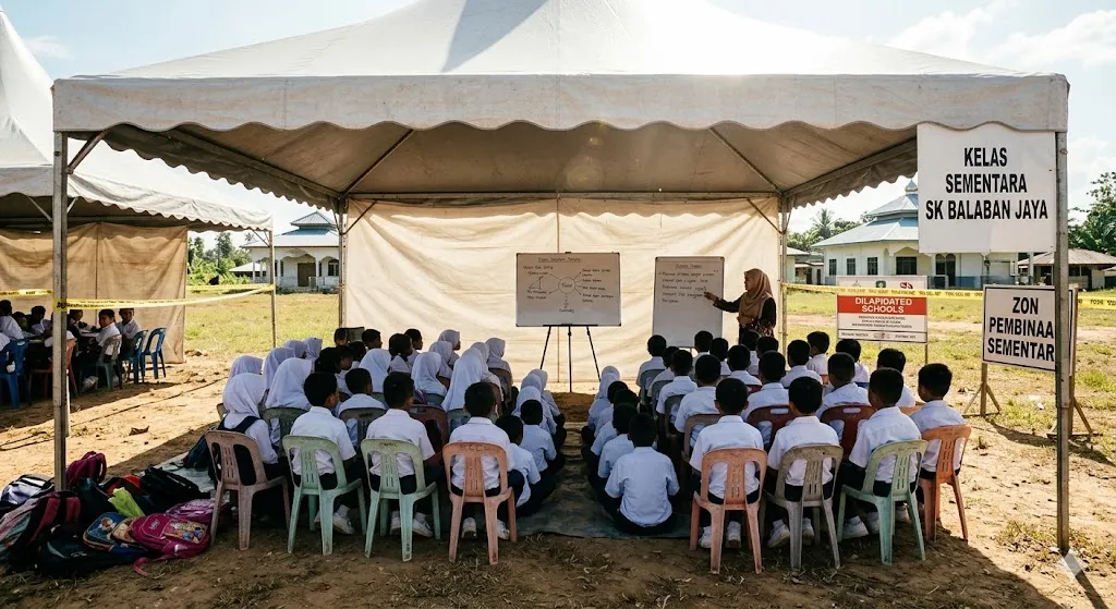A photorealistic news-style image capturing a wide-angle view from a ground-up perspective inside a makeshift classroom under a large white temporary tent in rural Beluran, Sabah.