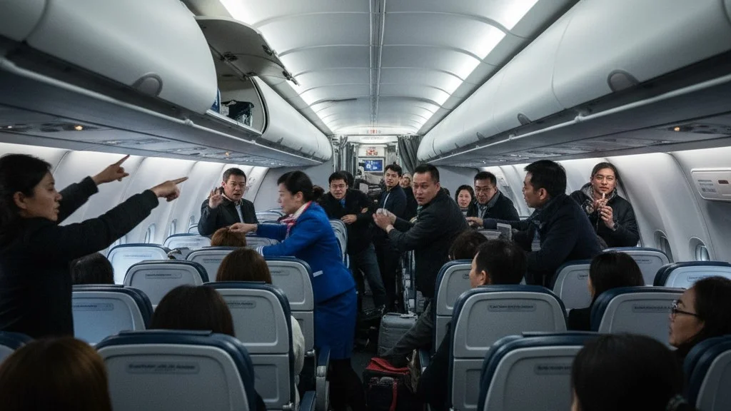 airplane-cabin-interior-commotion-blurred-passengers-restraining-man