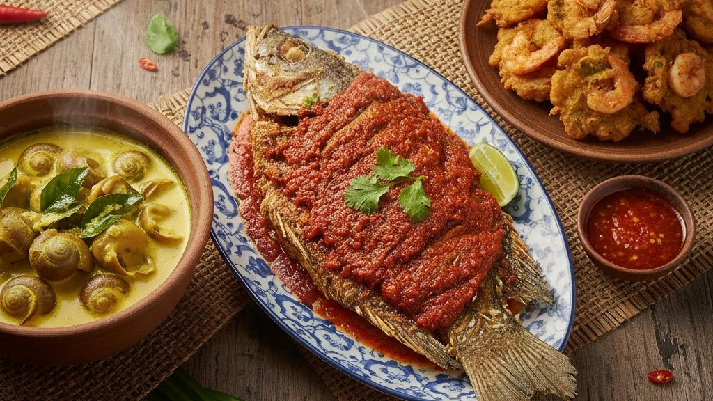 malay-traditional-dishes-ikan-siakap-sambal-and-cucur-udang