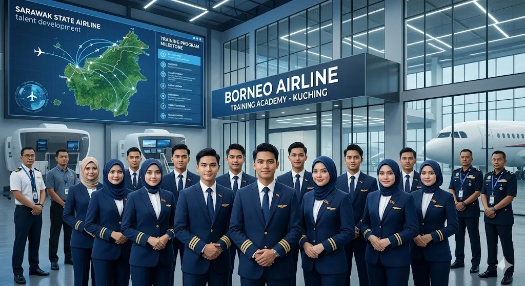 A photorealistic, editorial news photo of a diverse group of young Sarawakian trainees in smart pilot and cabin crew uniforms, standing confidently in front of a modern aviation training facility in Kuching.