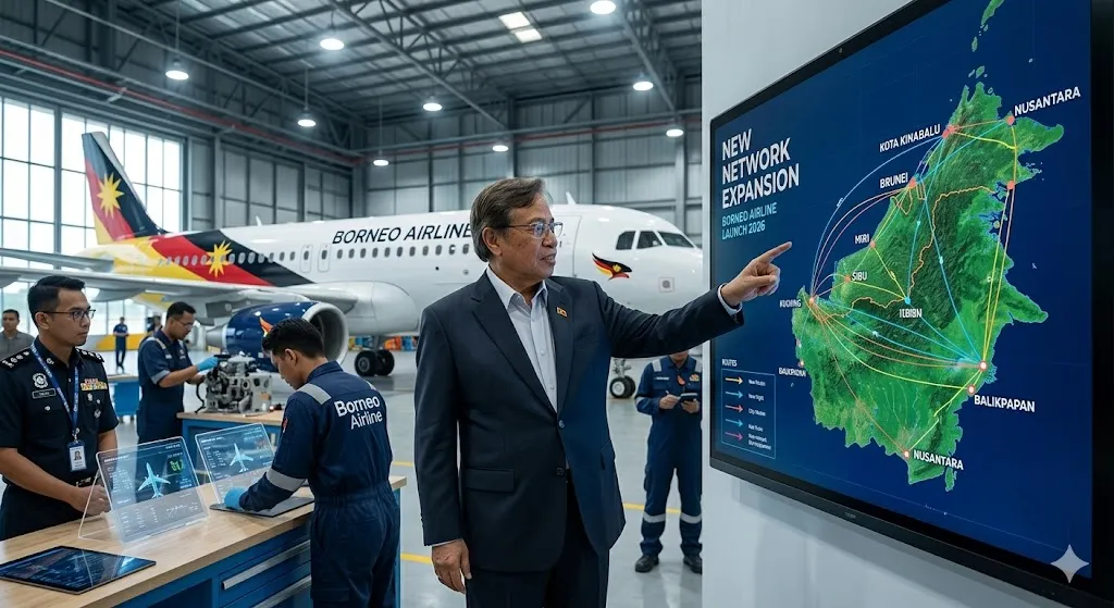 A photorealistic news-style image of Premier Abang Johari Openg standing in a high-tech hangar next to a mid-sized passenger jet, pointing to a digital map of new flight routes across Borneo.