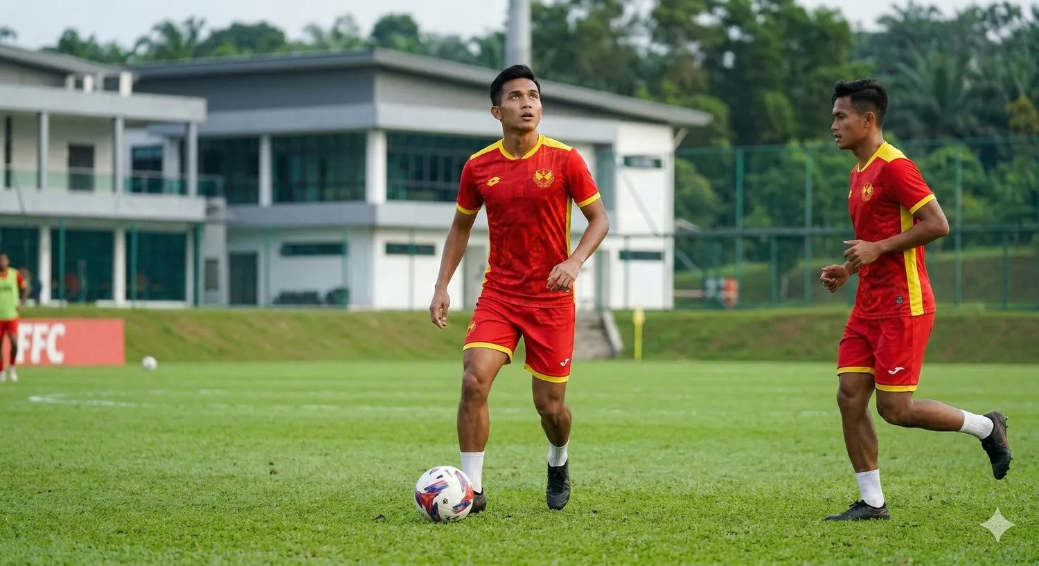 A focused Selangor FC player in a red kit dribbles the football during a training session before the semi-final.