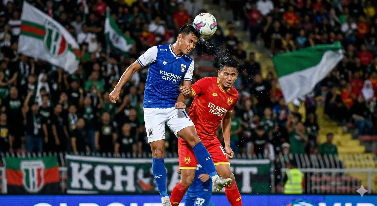 A Kuching City FC midfielder in a blue kit wins a header against a Selangor FC defender in a crowded Stadium Selangor penalty box.