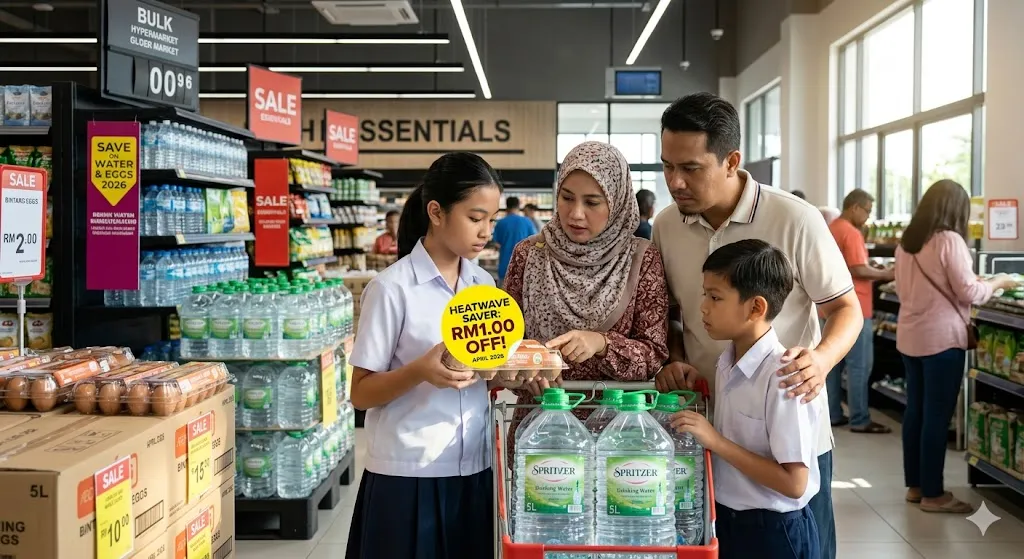 A concerned but unified Malaysian family examine prices in a modern hypermarket aisle. Sunlight highlights large bottles of water and a "HEATWAVE SAVER: RM1.00 OFF!" sticker on eggs, showing essential savings for 2026.