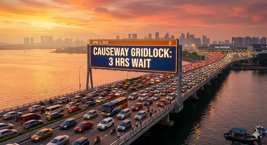 erial view of massive traffic congestion and waiting travelers on the Malaysia-Singapore Second Link (Tuas) bridge at sunset, April 5, 2026.