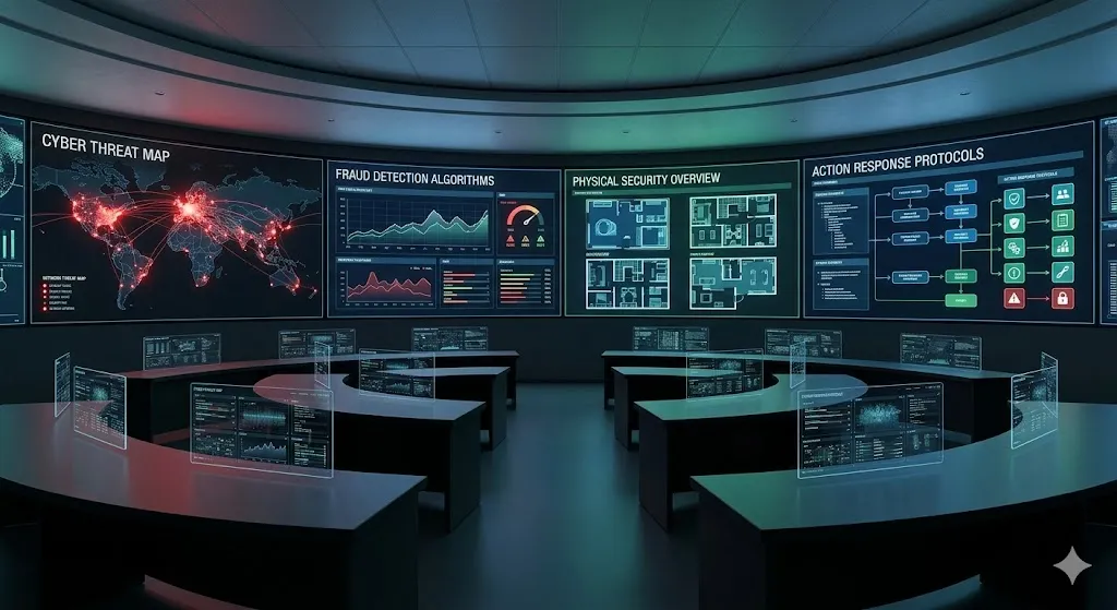 A photorealistic news-style image of a high-tech command center in Kuala Lumpur with wall-sized screens displaying global cybersecurity maps and live data feeds.