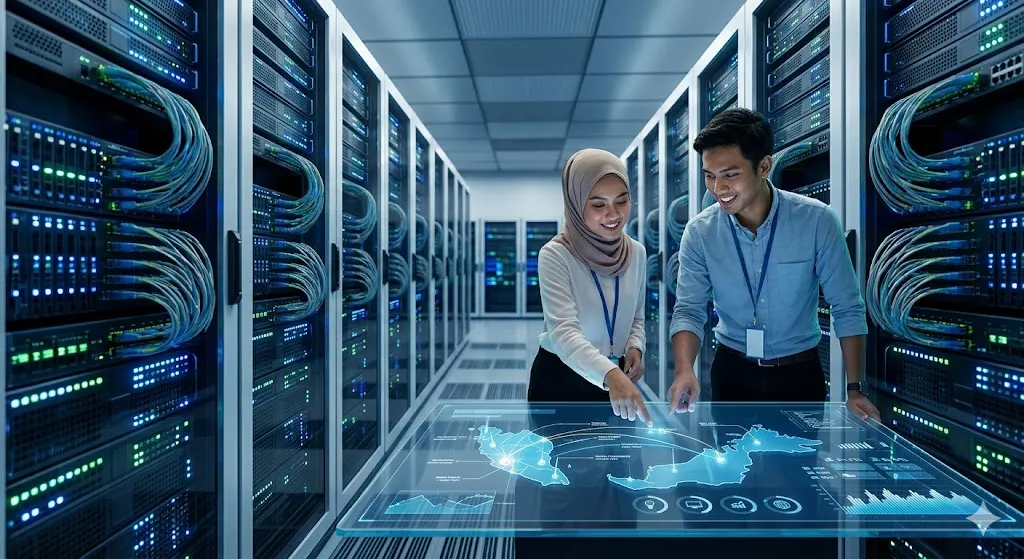 An editorial-style photo showing a group of Malaysian professionals in a modern office collaborating over transparent digital tablets and complex data charts.