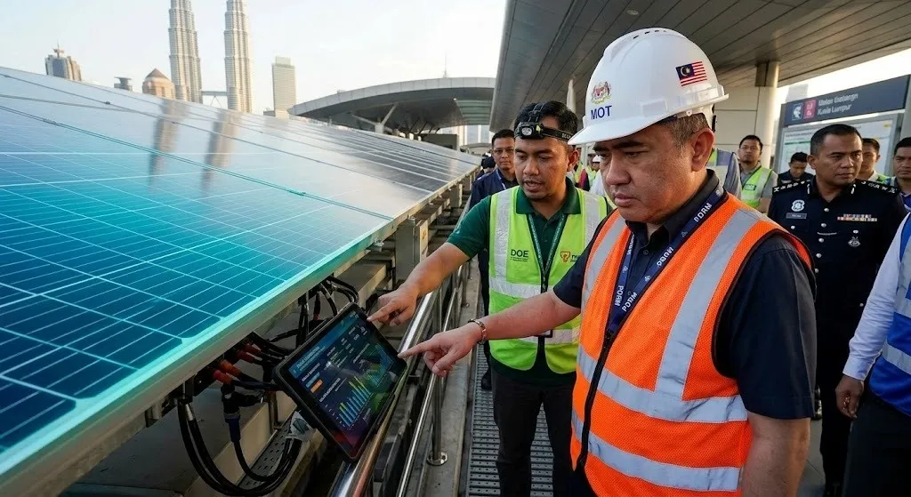 A photorealistic news-style photograph captured on the roof of a modern LRT station in Kuala Lumpur. Transport Minister Anthony Loke, in a white hard hat with 'MOT' and an orange high-vis vest, inspects a new, glowing solar panel installation.