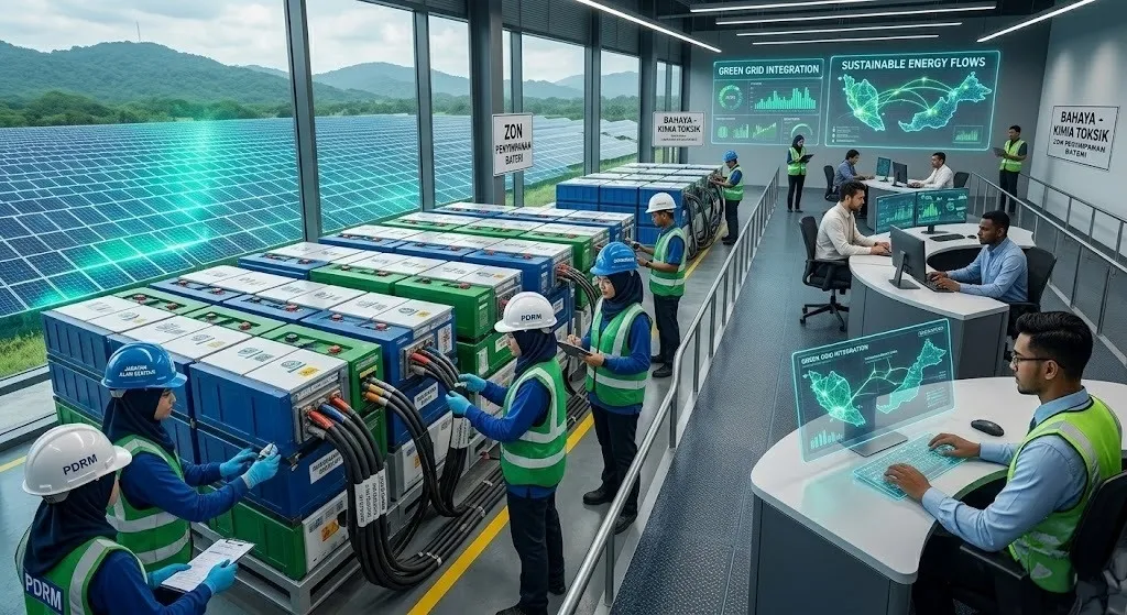 A photorealistic, wide-angle news photograph capturing a sprawling green train depot and maintenance facility.