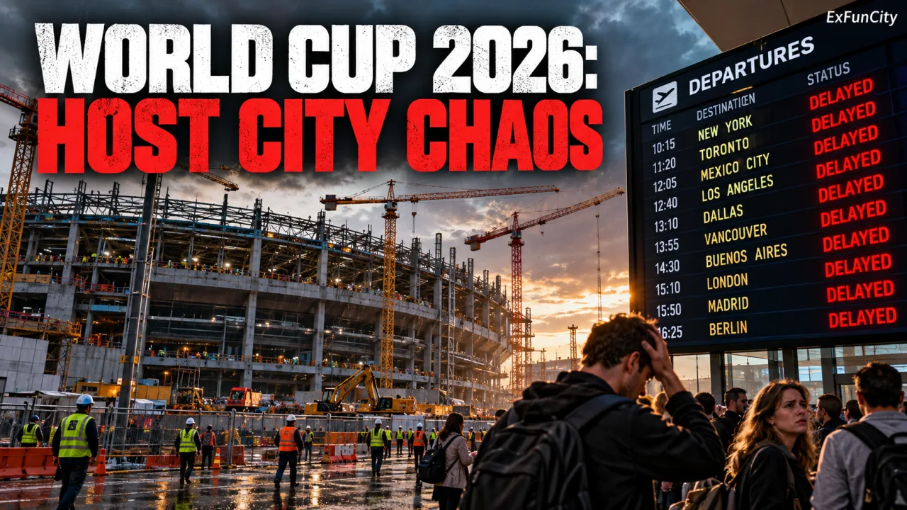 A vibrant 3D retro magazine cover reading WORLD CUP CRISIS showing heavy construction at a football stadium during sunset.