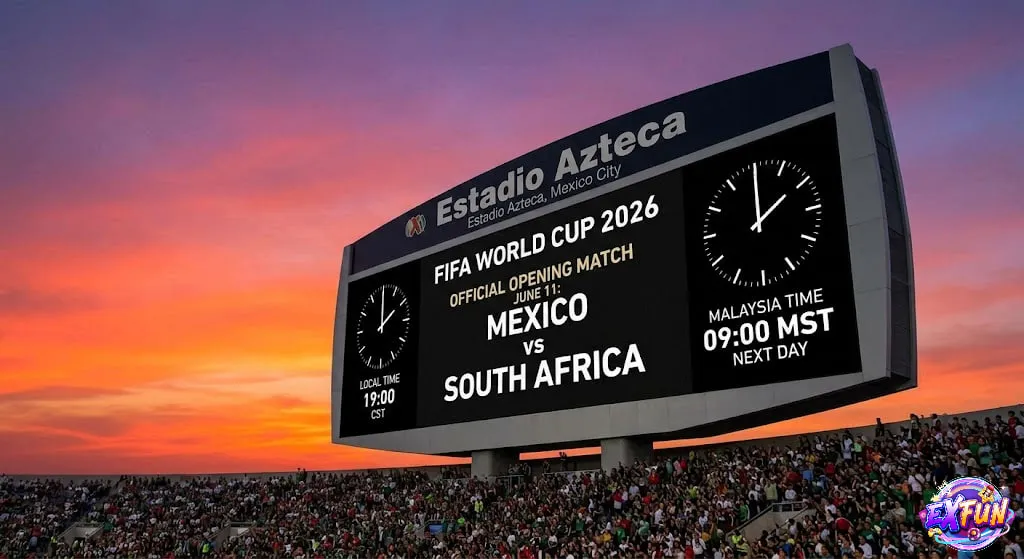FIFA World Cup 2026 opening match scoreboard at Estadio Azteca photorealistic