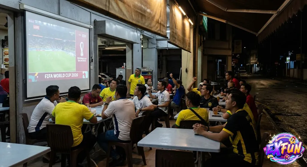 Malaysian fans watching football at a Mamak shop during early morning World Cup broadcast