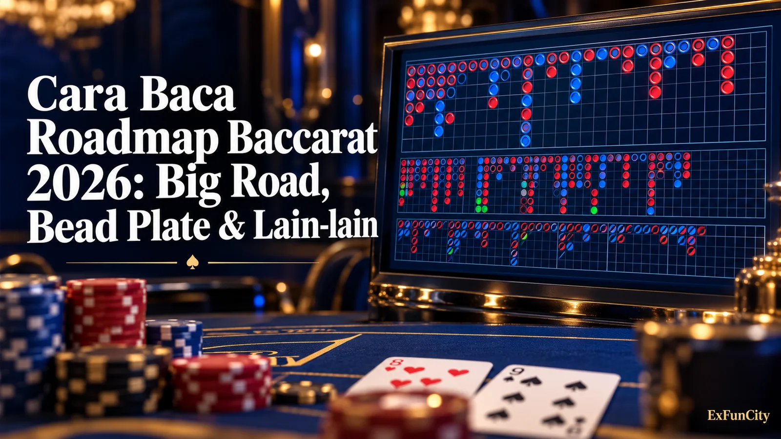 Contoh roadmap baccarat dengan titik merah Banker dan biru Player untuk pemula