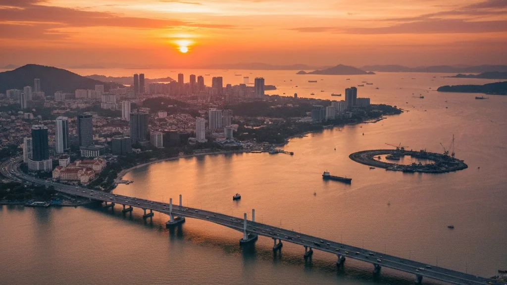 penang-bridge-and-industrial-skyline-at-sunset
