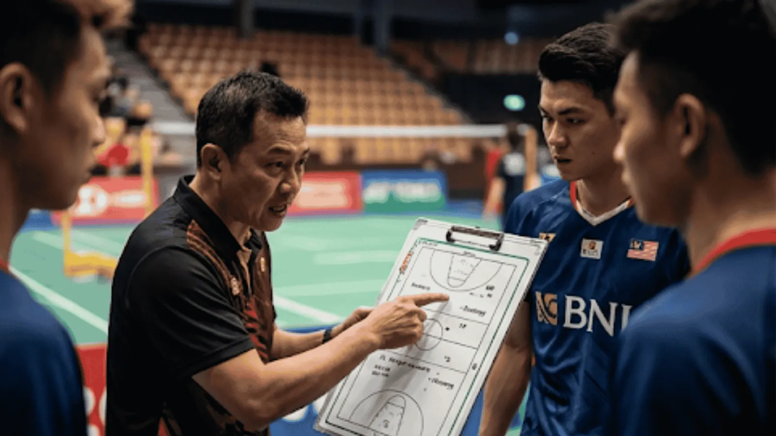 Malaysian coach providing tactical instructions using a strategy board.