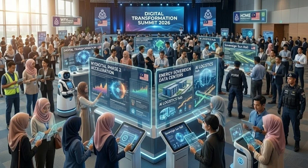 This wide-angle news photograph captures the scale of the Digital Transformation Summit 2026 at KLCC.