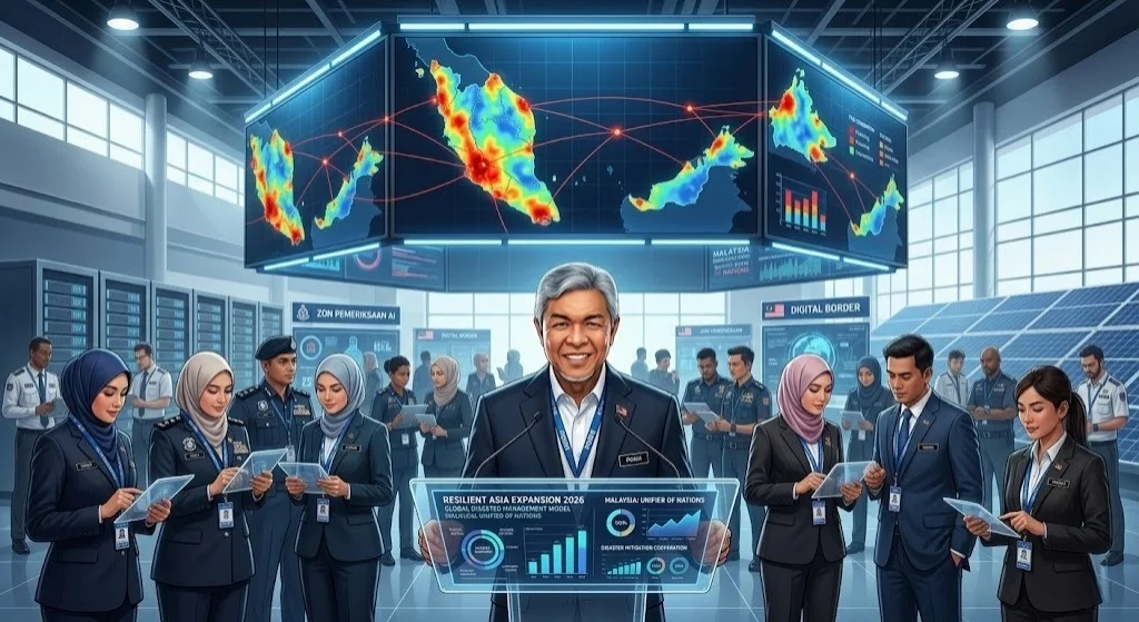 photorealistic news photo captures DPM Ahmad Zahid Hamidi speaking with confidence at a high-tech lectern inside the Resilient Asia Exposition in Kuala Lumpur