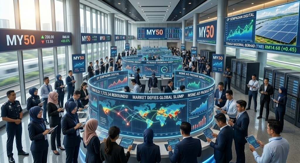 This photorealistic wide-angle photograph captures the vibrant energy of the Bursa Malaysia trading floor.