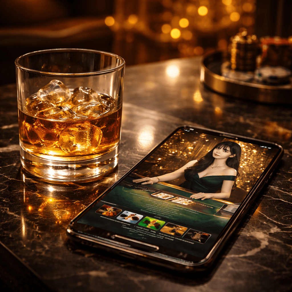 A glass of whiskey next to a smartphone displaying a live casino stream in a calm lounge setting for responsible gaming.