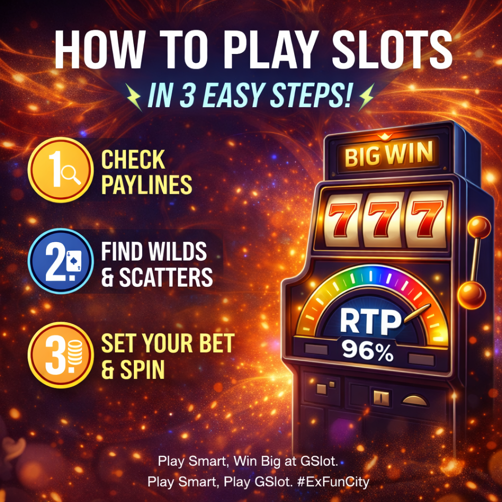 How to play slots in 3 easy steps - Joey's beginner guide to paylines, symbols, and betting on GSlot at ExFun City